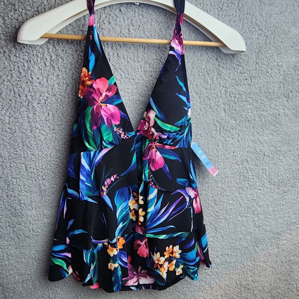 Swim Solutions Separates Top Dark Floral Tropical Layered Bust Support SZ 10